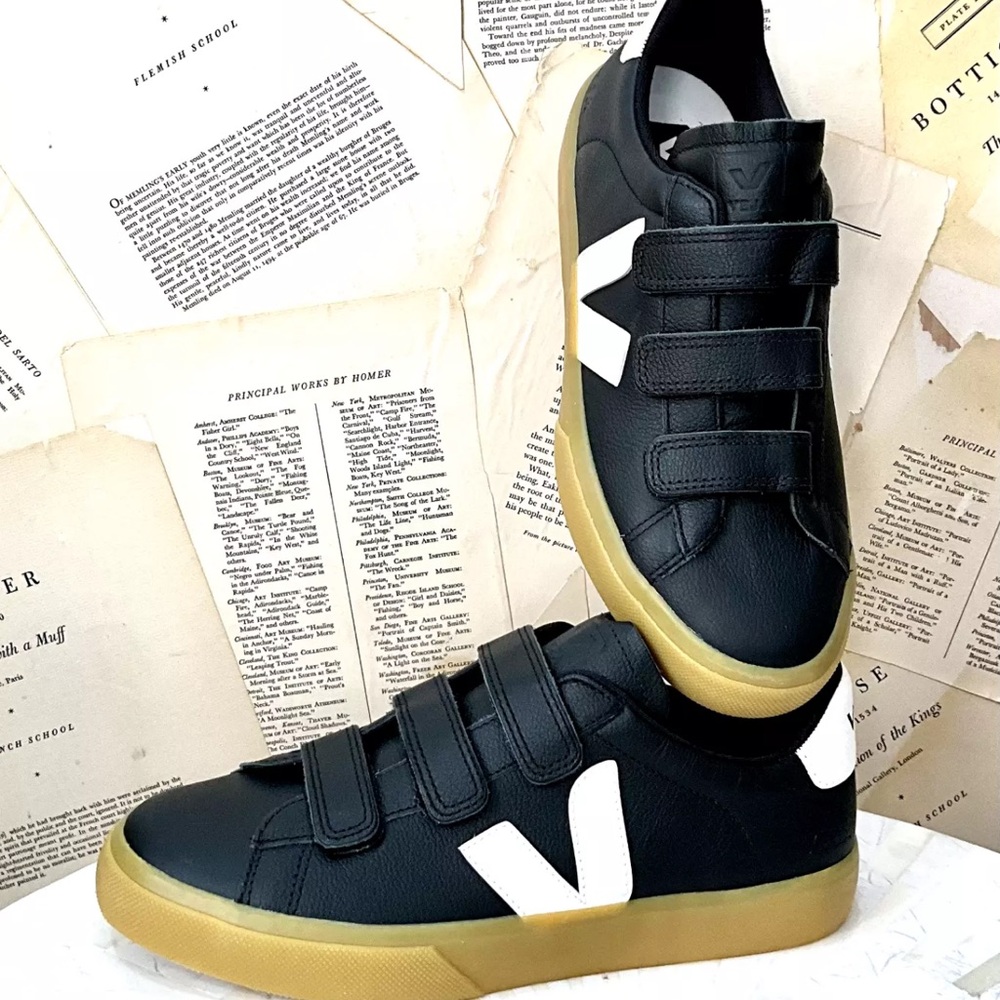 Anthropologie Veja Recife Low Top Sneakers 3 Straps Black Leather